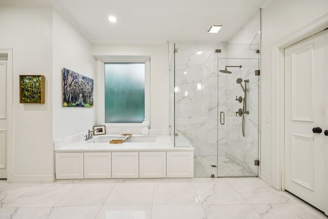 1260 Stanhope Ct, Southlake, TX 76092 - bathroom with marble finish flooring, a marble finish shower, a garden tub, ornamental molding, and recessed lighting