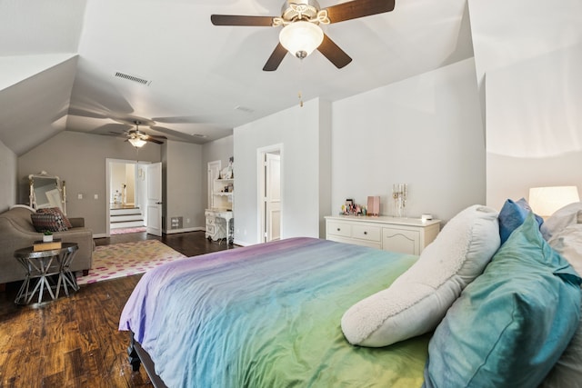 1260 Stanhope Ct, Southlake, TX 76092 - bedroom featuring wood finished floors, vaulted ceiling, and ceiling fan