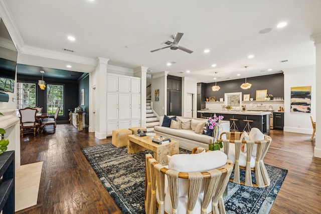 1260 Stanhope Ct, Southlake, TX 76092 - living room with decorative columns, ornamental molding, a ceiling fan, dark wood-style floors, and recessed lighting