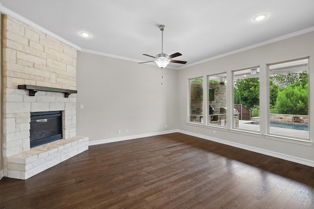 2866 Milsons Point Dr, Trophy Club, TX 76262 - unfurnished living room featuring wood finished floors, ceiling fan, crown molding, a fireplace, and recessed lighting