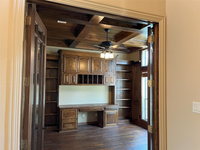 6916 Cannon Falls Dr, Plano, TX 75024 - unfurnished office featuring dark wood-style flooring, built in study area, ceiling fan, coffered ceiling, and beamed ceiling