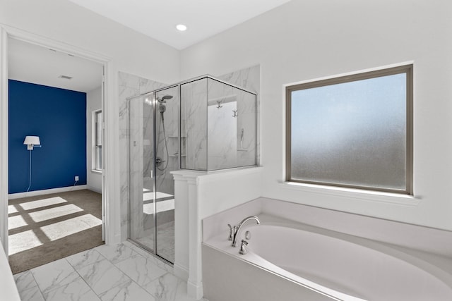 2213 Windy Hill Ln, Waxahachie, TX 75167 - bathroom with a bath, a marble finish shower, marble finish floors, and baseboards