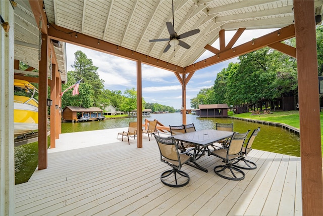 203 King Laurence, Scroggins, TX 75480 - deck featuring a water view, a ceiling fan, a boat dock, and outdoor dining space