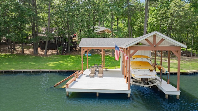 203 King Laurence, Scroggins, TX 75480 - dock area featuring a water view, boat lift, view of scattered trees, and a yard