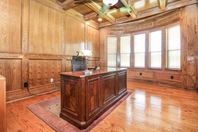 2221 Southern Oaks Dr, Cedar Hill, TX 75104 - home office with wood ceiling with exposed beams, crown molding, coffered ceiling, wood walls, and light wood-type flooring