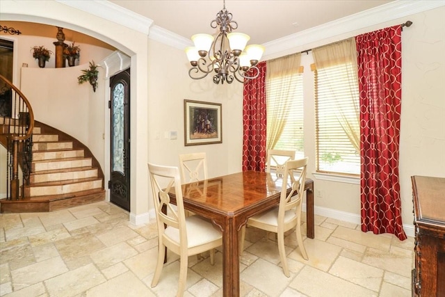 2221 Southern Oaks Dr, Cedar Hill, TX 75104 - dining area with stone tile flooring, arched walkways, a chandelier, baseboards, and crown molding