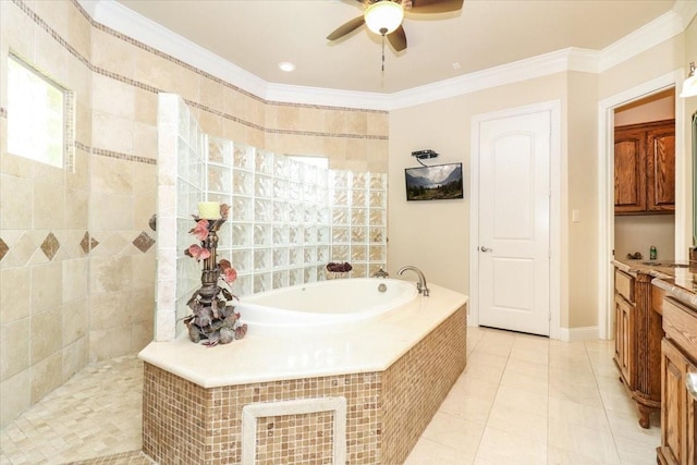 2221 Southern Oaks Dr, Cedar Hill, TX 75104 - full bathroom featuring a bath, ceiling fan, tile patterned floors, ornamental molding, and vanity