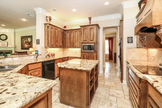 2221 Southern Oaks Dr, Cedar Hill, TX 75104 - kitchen with black appliances, a sink, stone tile floors, custom range hood, and light stone counters