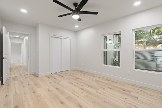3009 Ave H, Fort Worth, TX 76105 - unfurnished bedroom with light wood finished floors, recessed lighting, baseboards, a closet, and ceiling fan