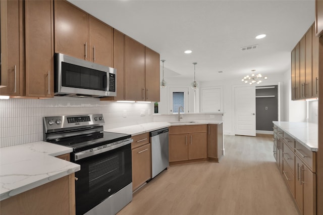 630 Duncan Dr, Coppell, TX 75019 - kitchen featuring stainless steel appliances, a sink, a peninsula, light wood-style flooring, and decorative backsplash