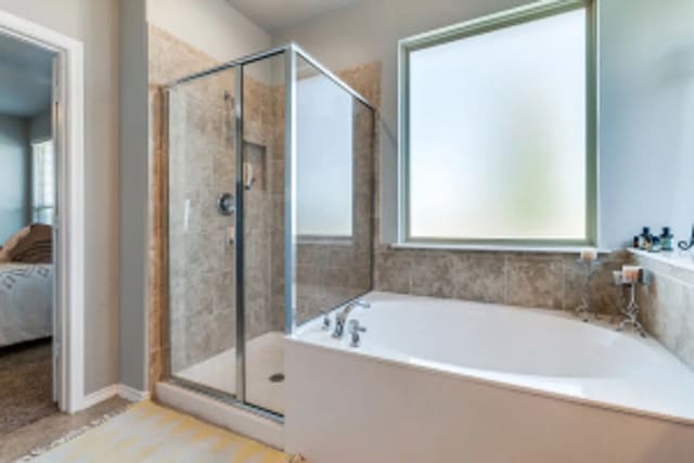 11520 Starlight Ranch Trl, Fort Worth, TX 76052 - ensuite bathroom featuring plenty of natural light, a garden tub, and a stall shower