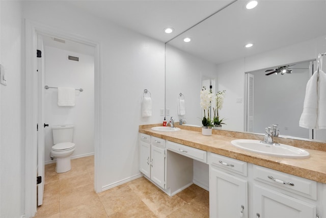 3227 Elizabeth St, Dallas, TX 75204 - bathroom featuring double vanity, recessed lighting, a ceiling fan, and tile patterned floors