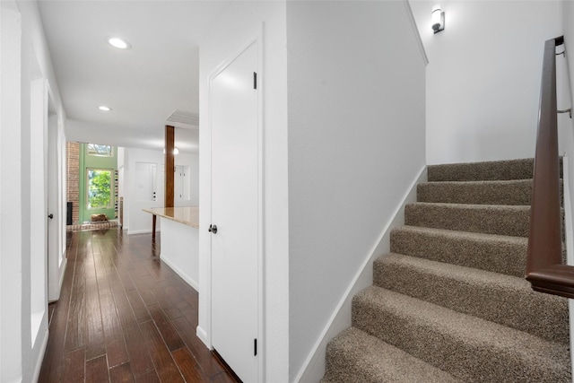 3227 Elizabeth St, Dallas, TX 75204 - stairway with hardwood / wood-style floors and recessed lighting