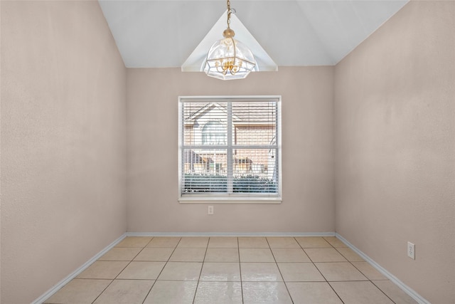 6705 Rolling Hills Dr, North Richland Hills, TX 76182 - unfurnished room featuring a chandelier, tile patterned floors, baseboards, and lofted ceiling