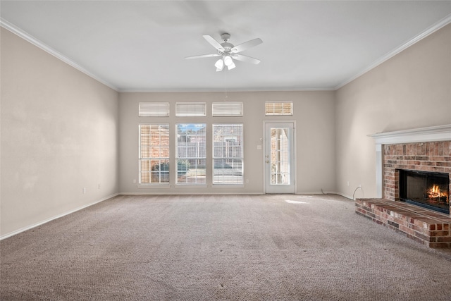 6705 Rolling Hills Dr, North Richland Hills, TX 76182 - unfurnished living room with carpet, a fireplace, ceiling fan, ornamental molding, and baseboards
