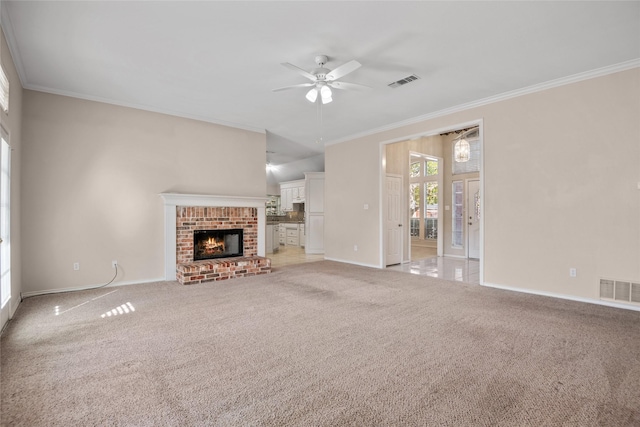 6705 Rolling Hills Dr, North Richland Hills, TX 76182 - unfurnished living room featuring a brick fireplace, crown molding, a ceiling fan, baseboards, and light colored carpet