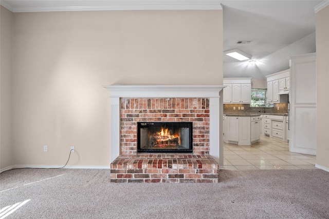 6705 Rolling Hills Dr, North Richland Hills, TX 76182 - detailed view of carpet floors, a brick fireplace, baseboards, backsplash, and crown molding