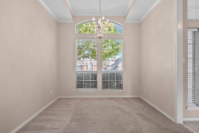 6705 Rolling Hills Dr, North Richland Hills, TX 76182 - unfurnished dining area featuring a chandelier, carpet flooring, crown molding, and baseboards