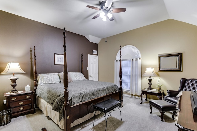 2724 Ferncrest Trl, Mansfield, TX 76063 - bedroom featuring light colored carpet, vaulted ceiling, and a ceiling fan