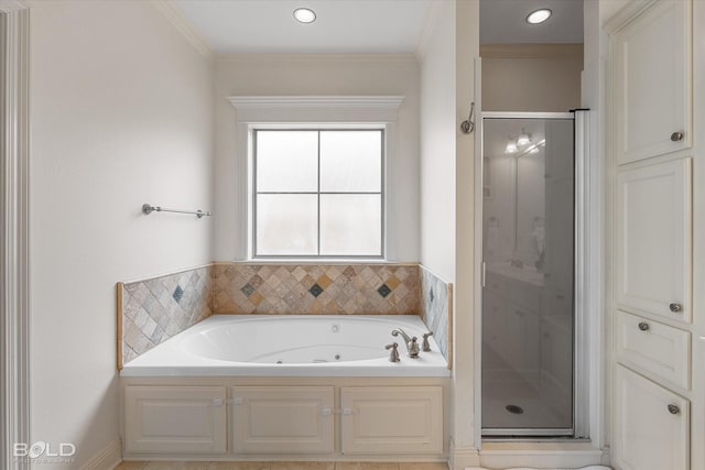 9961 Loveland Ct, Shreveport, LA 71106 - full bathroom with a stall shower, a whirlpool tub, crown molding, and recessed lighting