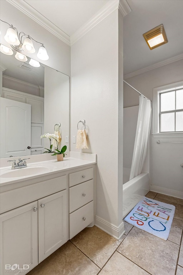 9961 Loveland Ct, Shreveport, LA 71106 - bathroom with vanity, crown molding, baseboards, shower / bathtub combination with curtain, and tile patterned floors