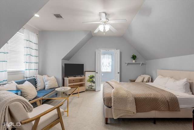 9961 Loveland Ct, Shreveport, LA 71106 - bedroom featuring light colored carpet, ceiling fan, and vaulted ceiling