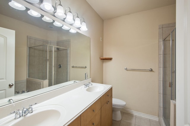6624 Federal Hall St, Plano, TX 75023 - bathroom featuring a shower stall, toilet, double vanity, tile patterned floors, and baseboards