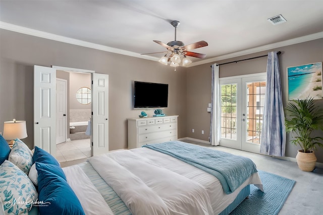 1321 Anniston Ave, Shreveport, LA 71105 - bedroom featuring access to exterior, french doors, ornamental molding, ensuite bath, and baseboards