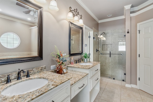 1321 Anniston Ave, Shreveport, LA 71105 - full bath featuring a shower stall, two vanities, crown molding, and tile patterned flooring