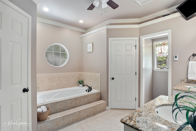 1321 Anniston Ave, Shreveport, LA 71105 - full bath featuring vanity, a garden tub, a ceiling fan, tile patterned floors, and crown molding