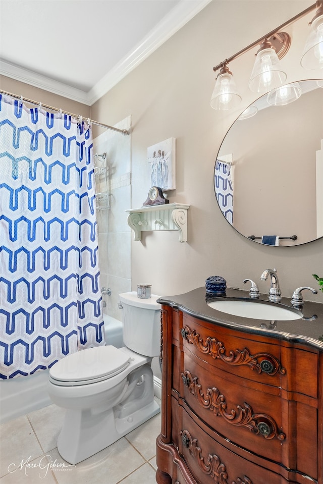 1321 Anniston Ave, Shreveport, LA 71105 - full bath featuring toilet, shower / bath combination with curtain, vanity, tile patterned flooring, and ornamental molding