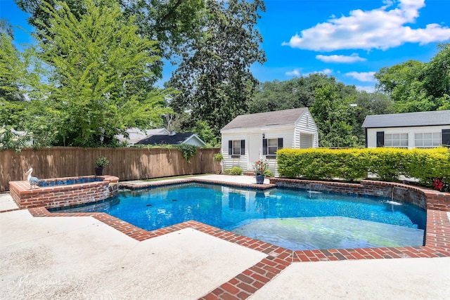 1321 Anniston Ave, Shreveport, LA 71105 - view of swimming pool featuring an outdoor structure, a fenced backyard, a patio, and a pool with connected hot tub