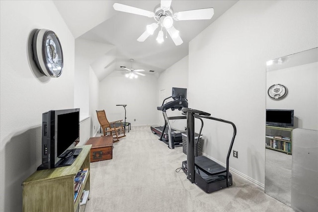 1304 Salsbury Cir, Murphy, TX 75094 - workout room with lofted ceiling, ceiling fan, and carpet floors