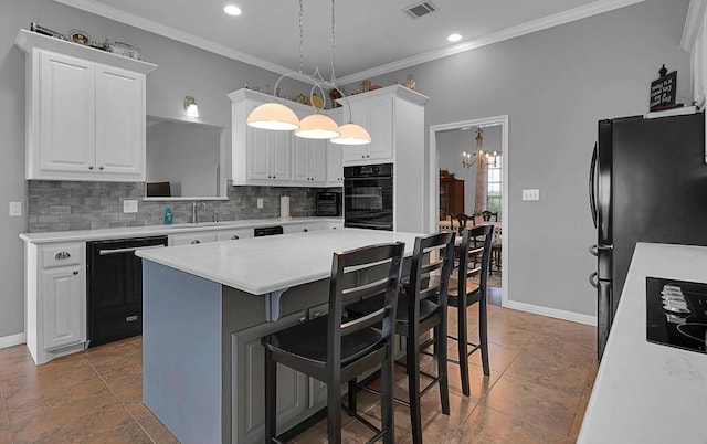 804 Heritage Pkwy, Axtell, TX 76624 - kitchen with black appliances, backsplash, a sink, a center island, and a breakfast bar