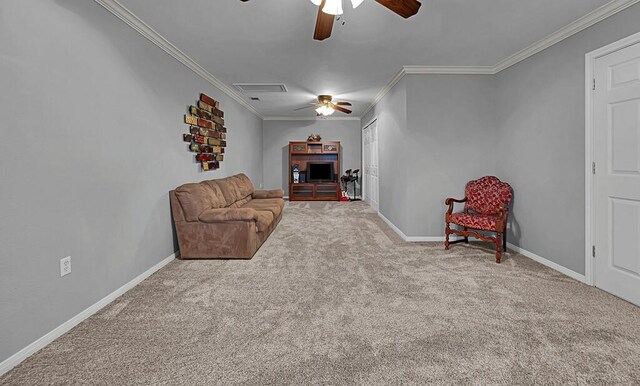 804 Heritage Pkwy, Axtell, TX 76624 - living area with a ceiling fan, carpet, ornamental molding, and baseboards