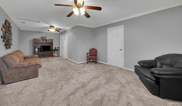 804 Heritage Pkwy, Axtell, TX 76624 - carpeted living room featuring ceiling fan, baseboards, and ornamental molding