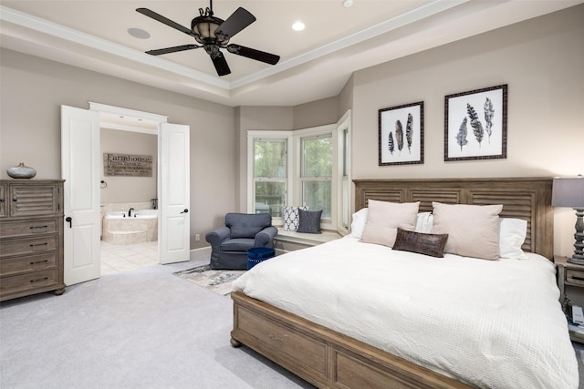 1814 Stacy Rd, Fairview, TX 75069 - bedroom with a raised ceiling, light colored carpet, ensuite bathroom, recessed lighting, and ornamental molding