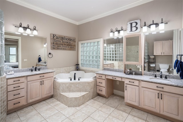 1814 Stacy Rd, Fairview, TX 75069 - bathroom with a bath, two vanities, tile patterned flooring, and ornamental molding