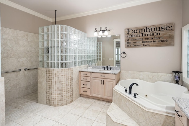 1814 Stacy Rd, Fairview, TX 75069 - full bathroom featuring vanity, a tub with jets, walk in shower, crown molding, and tile patterned flooring