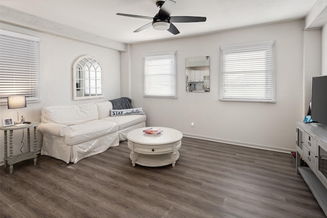1814 Stacy Rd, Fairview, TX 75069 - living room featuring a ceiling fan, dark wood-style flooring, and baseboards