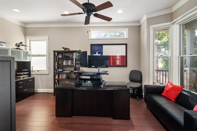 1814 Stacy Rd, Fairview, TX 75069 - office space with ceiling fan, dark wood-style flooring, recessed lighting, ornamental molding, and baseboards