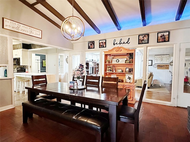 4098 Avondale St, Abilene, TX 79605 - dining area with a chandelier, beam ceiling, and high vaulted ceiling