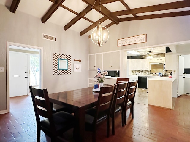 4098 Avondale St, Abilene, TX 79605 - dining room featuring high vaulted ceiling, brick flooring, a chandelier, beamed ceiling, and ceiling fan