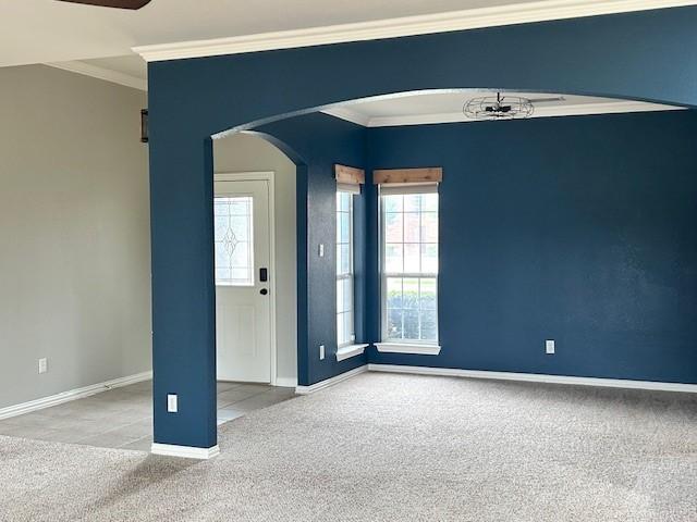 207 Chisholm Trl, Argyle, TX 76226 - unfurnished room featuring arched walkways, carpet, plenty of natural light, and ornamental molding