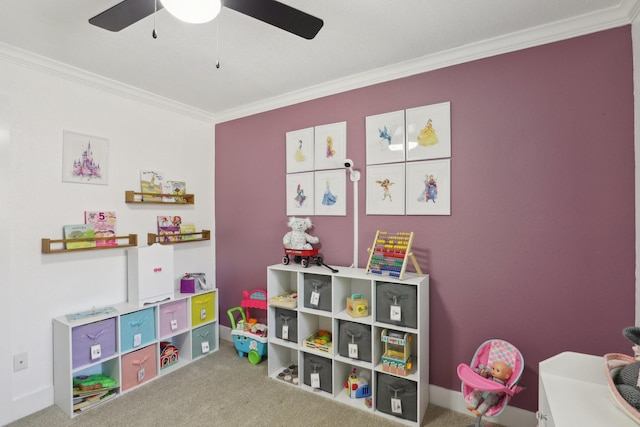 9 Chimney Rock Dr, Trophy Club, TX 76262 - playroom featuring crown molding, a ceiling fan, and carpet flooring
