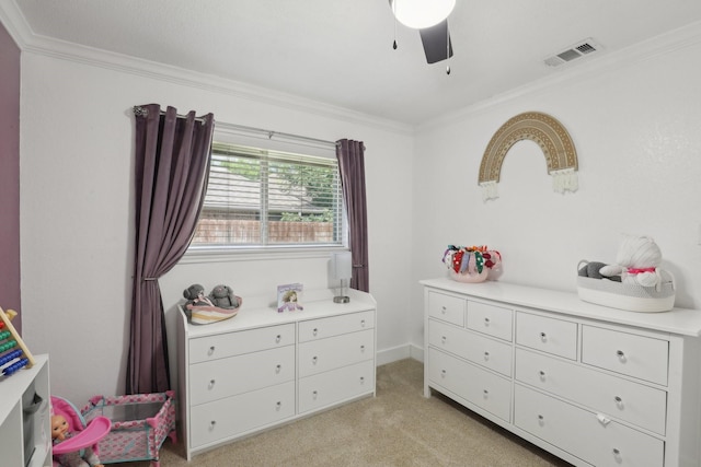 9 Chimney Rock Dr, Trophy Club, TX 76262 - bedroom featuring crown molding, light colored carpet, and ceiling fan