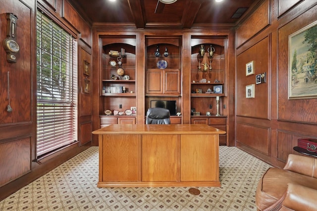 6260 Oak Hollow Dr, Burleson, TX 76028 - office featuring built in features, a wood ceiling with exposed beams, wooden walls, ornamental molding, and coffered ceiling