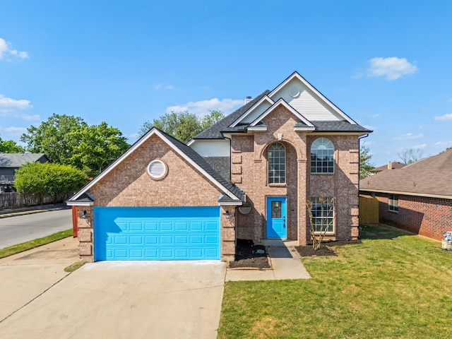 8901 Elbe Trl, Fort Worth, TX 76118 - traditional-style home with concrete driveway, a front yard, an attached garage, and brick siding