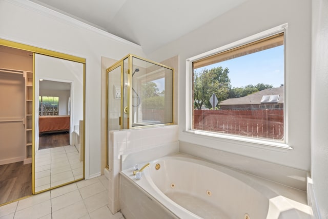 8901 Elbe Trl, Fort Worth, TX 76118 - bathroom featuring a stall shower, a whirlpool tub, plenty of natural light, and vaulted ceiling