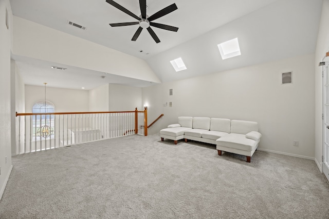 8901 Elbe Trl, Fort Worth, TX 76118 - living area featuring ceiling fan, lofted ceiling, carpet floors, and a skylight